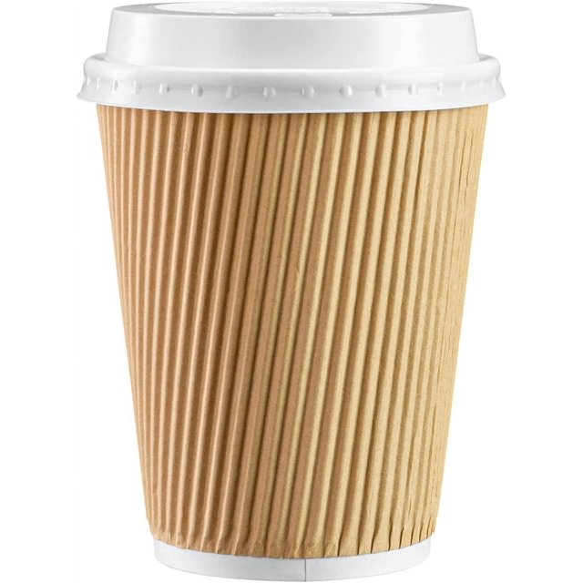 EcoNesxp Set of Insulated Kraft Paper Corrugated Thermal Cups with Lids Disposable Coffee Cups for Travel and Office Use 12 Ounces Great for Hot Drinks