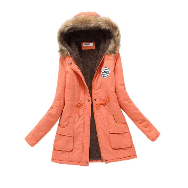 MAWCLOS Ladies Parka Jacket Drawstring Overcoat Trim Coat Casual Winter Hooded Outwear Orange 3XL