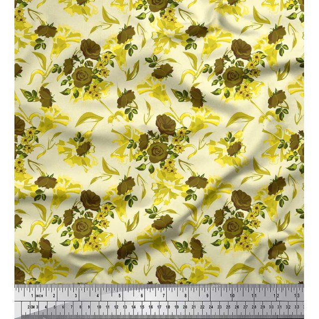 Soimoi Tissu Crêpe polyester Imprimé Feuilles & Roses au Mètre 52 Pouces de Large