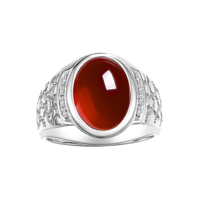 RYLOS Men's Rings 14K White Gold Nugget Ring with Cabochon Gemstone & Diamonds Garnet Rings For Men Size 9