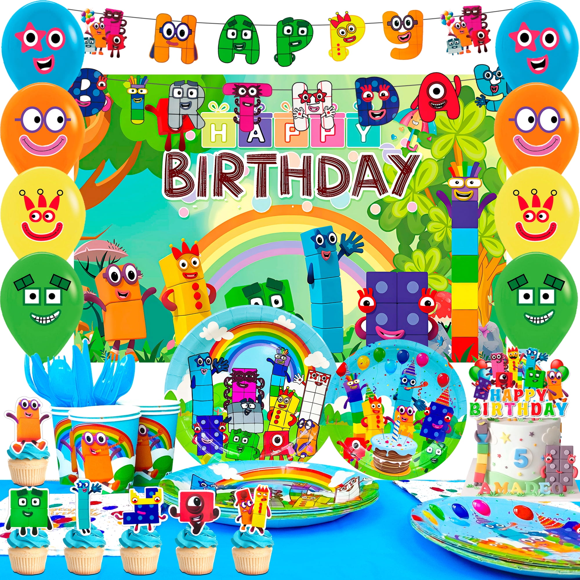 Number Blocks Party Supplies, 112 Pcs Number Blocks Birthday Decorations & Tableware - Plates Napkins Banners Backgrounds Etc Birthday Decorations