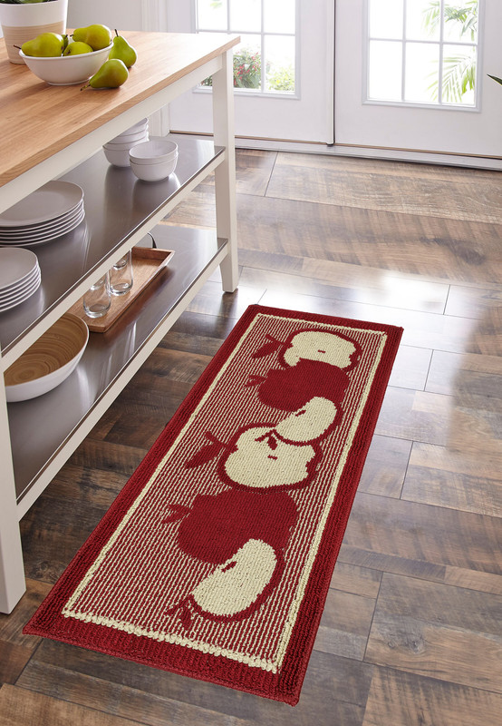 Décor Luxe Antidérapant Dos en Caoutchouc Sécurité Absorbant l'Eau Doux Durable Tissé Moelleux Tapis de Couloir Tapis de Sol Intérieur Cuisine; Design Pomme Rouge Forme Oblongue; 20 x 48 Pouces