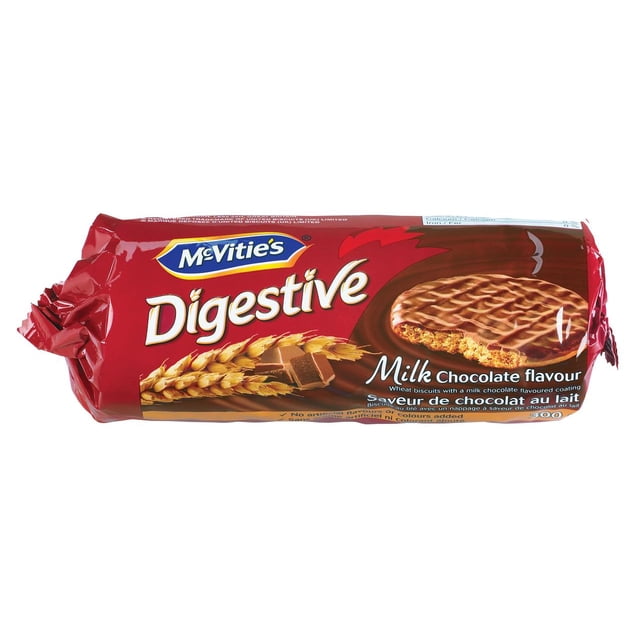 McVitie's Milk Chocolate Digestive Biscuits in a red heat-sealed package showing the brand logo and product name, with an image of a milk chocolate-coated digestive biscuit with a bite taken out, wheat stalks, and chocolate pieces, highlighting the wheat biscuit base with a smooth milk chocolate flavoured coating, ideal for snacks and cookies and often enjoyed as a light treat with tea or coffee.