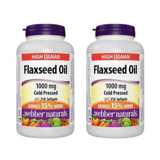 Premium Flaxseed Oil 1000mg Softgels - 420 Count (2 x 210) by Webber Naturals. The image features two bottles of high lignan flaxseed oil, each with 210 cold-pressed softgels. The label highlights 'Bonus 15% More' and 'Organic, Cold Pressed' benefits. These softgels provide omega-3 and omega-6 essential fatty acids, supporting heart health, joint care, and skin wellness. The bottles are white with purple caps and vibrant fruit and vegetable graphics at the bottom.