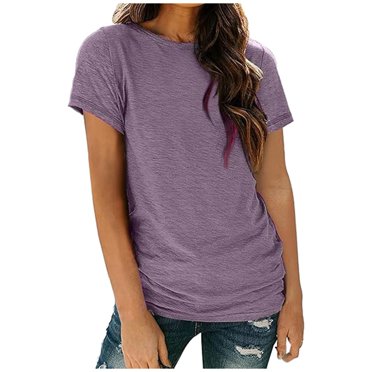 T-shirt Décontracté à Manches Courtes et Col Rond pour Femmes - Couleur Unie, Mélange de Polyester, s-TTTG - Taille Froncée, Détail Bouton, Adapté pour Quotidien/travail