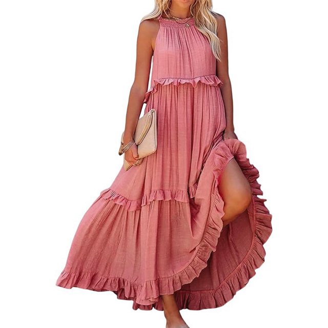 Robes d'Été pour Femmes 2025 Robe Maxi Sans Manches Décontractée Fluide à Volants Élégante Robe Maxi Unie Rouge TG