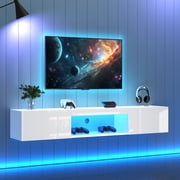HMSHA Floating TV Stand Cabinet with LED lights,High Gloss TV Unit with 2 Pull-Down Door,Open storage space,Wall Mounted TV Entertainment Center,63*12.2*8.6 inches,White,Holds TVs up to 70"