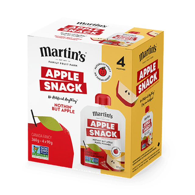 Nothin' But Apple Snack 4pk box with four 90g recloseable pouches of 100% pure apple puree made from Canadian apples, no added sugar, preservatives, or artificial ingredients, gluten-free and non-GMO, ideal for healthy fruit snacks on the go.