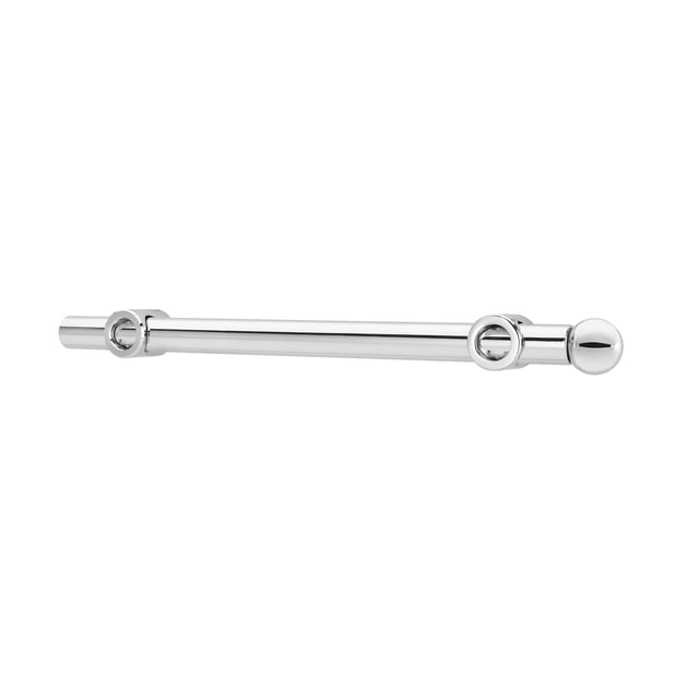 Rev-A-Shelf 12-inch extendable metal designer closet valet rod in chrome finish, model CVR-12-CR. The sleek, adjustable rod extends from 11.88 to 18.5 inches, featuring a heavy-gauge plated metal construction. Designed for side-mount installation with two screws, it includes a removable knob for customization. Ideal for organizing garments in closets or laundry rooms, it provides a convenient spot for outfit planning or steaming. Dimensions: 1.14 inches wide, 11.81 inches deep, and 1 inch high.