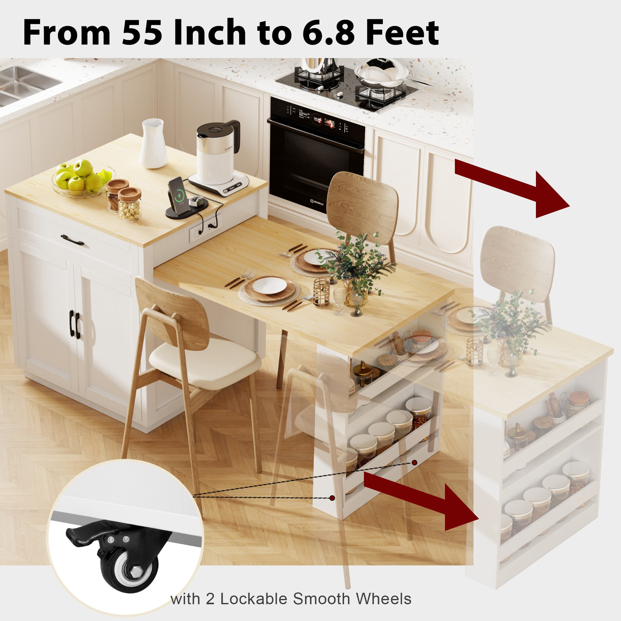 Homy Casa Kitchen Island with Expandable Table, Storage, Power Outlets, White, 82.7"