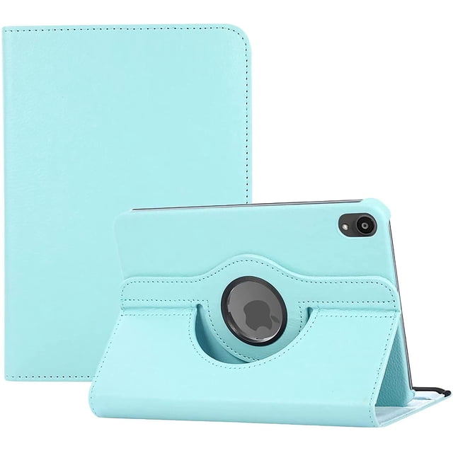 PST iPad Mini 6 6th Gen. / Mini 7 7th Gen. Case, 360 Degree Rotating PU Leather Stand Smart Case Cover in a light blue color. The case features a 360-degree rotating swivel for vertical and horizontal use, a built-in magnetic auto wake and sleep function, and precise cutouts for easy access to all ports and the camera. The soft microfiber lining protects the screen from scratches, while the elastic band ensures secure closure. Shown in a standing position and a closed view.