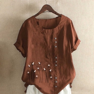 LOVZFMLL Hauts d'Été pour Femmes, Mode pour Dames, Couleur Unie, Imprimé Floral, Chemise à Manches Courtes en Coton et Lin pour Femme, Haut Décontracté Ample