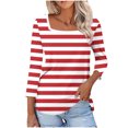 thumbnail image 1 of breaise Chemises à Manches 3/4 pour Femmes, Automne, Rayées, Col Ras du Cou, Hauts Habillés Décontractés, Amples, Blouses de Travail Trois Quarts, Rouge, G, 1 of 7