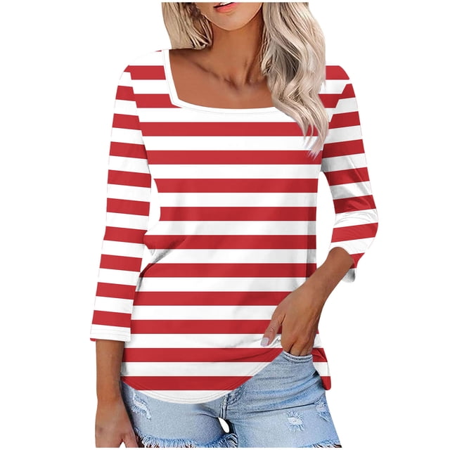 breaise Chemises à Manches 3/4 pour Femmes, Automne, Rayées, Col Ras du Cou, Hauts Habillés Décontractés, Amples, Blouses de Travail Trois Quarts, Rouge, G