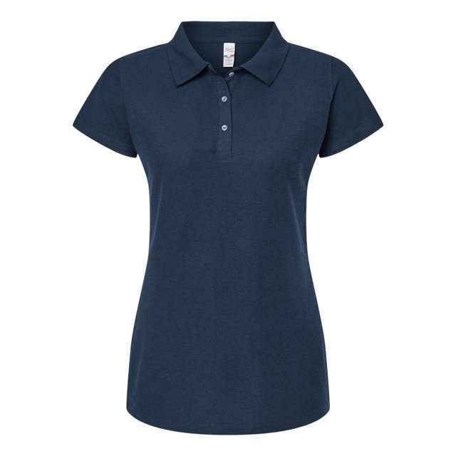 M&O 7007 Women's Soft Touch Polo in a dark navy colour, featuring a contoured fit with a three-button placket, double-needle topstitched collar, cuffs, and hem. Made from 11.3 oz., 50/50 cotton/polyester new piqué fabric with taped shoulder to shoulder and side seams. NAFTA compliant.