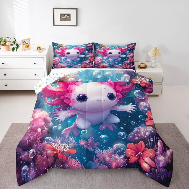 Erosebridal Girls Axolotl Bedding King Comforter Set, Reversible, Super Cozy 3pcs