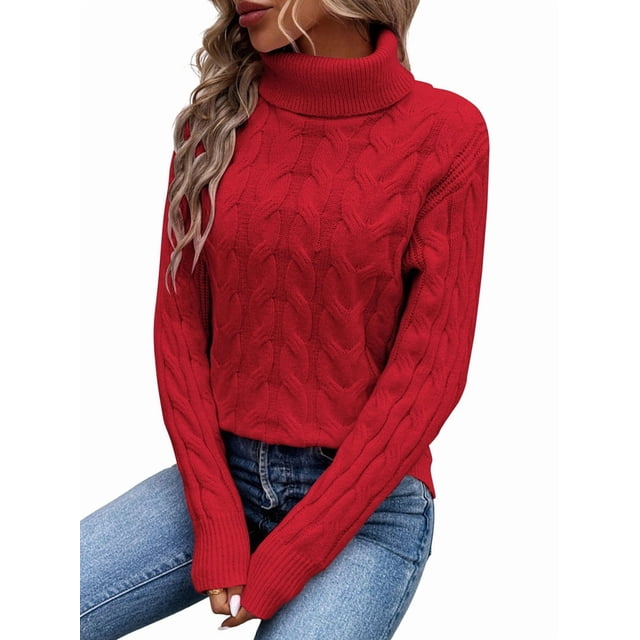 Women Turtle-Neck Sweaters Cable Knit Long Sleeve Pullover Jumper Tops Fall Winter Casual Solid Sweater Red S