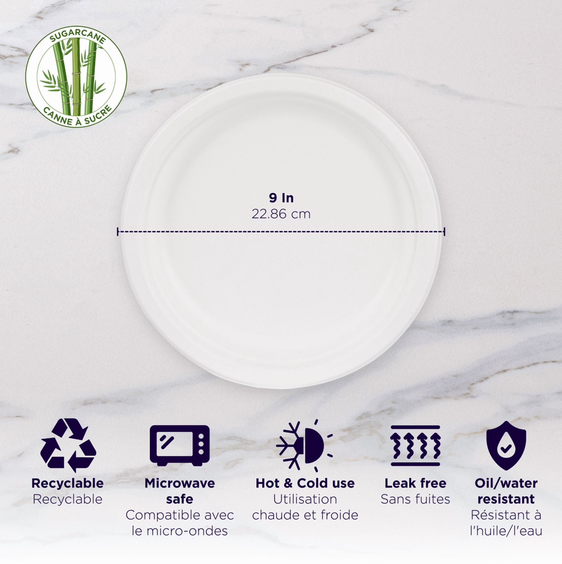 iECO Assiettes à repas léger en bagasse 9 po, 125 assiettes