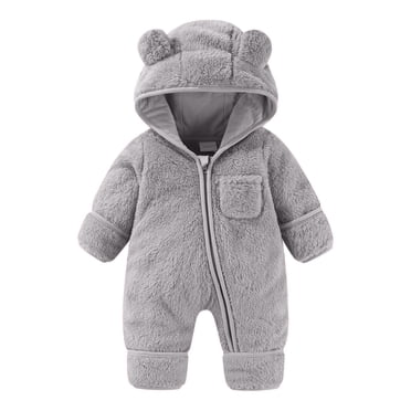Lenpel Combinaison en Molleton pour Nouveau-Né, Manches Longues, Fermeture Éclair, à Capuche Duveteuse, Grenouillère Peluche, Tenue d'Extérieur avec Poche (Gris, 0-3 Mois)