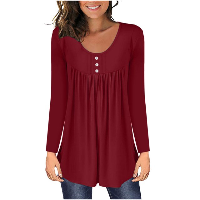 FAIWAD Tunique Basique pour Femmes Manches Longues Col Rond Blouse Boutonnée Décontractée Plissée Ample