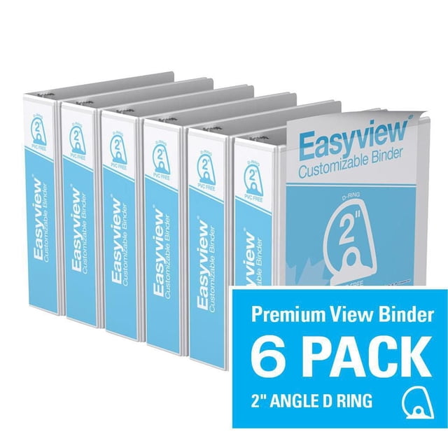 Davis Group Easyview Premium D Ring Customizable View Binder 6 Pack 2 inch with six white binders featuring blue spine labels, clear overlay covers, and back-mounted D rings for flat page storage, made from durable PVC-free polypropylene and recycled materials, suitable for presentations and reports.