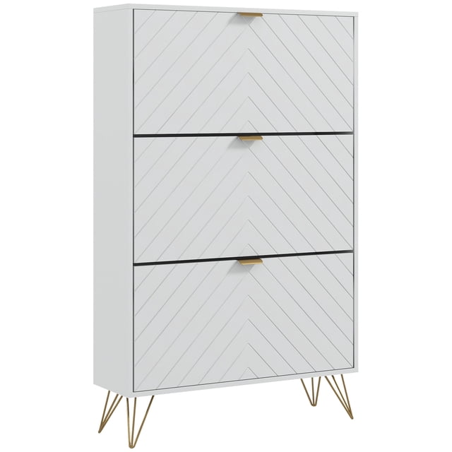 HOMCOM Armoire de Rangement pour Chaussures avec 3 Tiroirs Basculants pour 18 Paires de Chaussures en Blanc. l'Armoire Présente un Motif chevron sur les Panneaux, des Poignées Dorées et des Pieds en Épingle pour un Style Stylé. Elle Comprend Trois Tiroirs Basculants avec des Tablettes Ajustables Ou Amovibles pour Accueillir Différentes Hauteurs de Chaussures, Pouvant Ranger jusqu'à 18 Paires de Chaussures (Taille Maximale de 10). le Dessus de Table Plat Offre un Espace Supplémentaire pour Décorations Ou Rangement. Fabriquée avec du MDF et une base en Acier Enduit de Poudre, Elle Présente un design Anti-Basculement