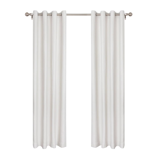 Gouchee Home Mesa Blackout Panel set in off-white, featuring two 54" wide by 96" long polyester curtains with 8 silver metal grommets each, designed for blackout and noise reduction in window coverings, hanging on a silver rod with decorative finials, suitable for enhancing privacy and light control.