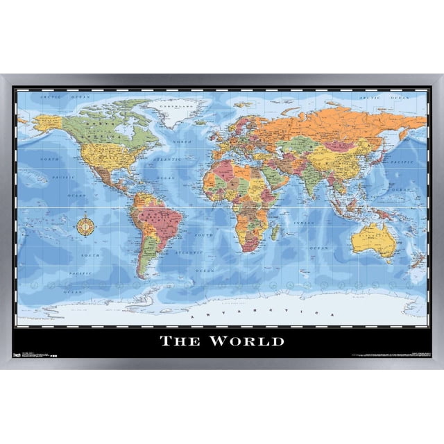 Carte - Affiche Murale du Monde, 22,375 Pouces x 34 Pouces Affichant une Carte du Monde Politique Détaillée avec des Pays en Diverses Couleurs Étiquetés avec des Capitales et des Grandes Villes, Encadrée en Noir avec le Titre « le Monde » au Bas, Imprimée sur du Papier Brillant, Convient à la Décoration Murale de la Maison, du Bureau Ou de la Salle de Classe.
