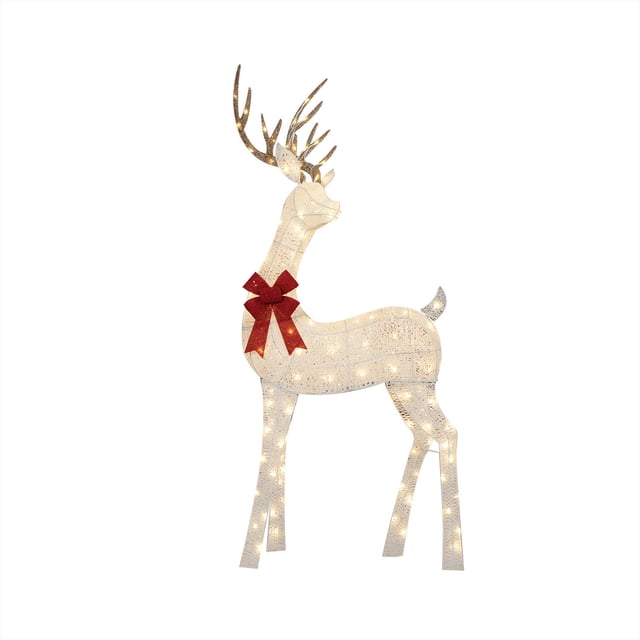 72-inch lighted glittering thread buck outdoor decoration featuring 120 warm white LED lights and a red bow on its neck.