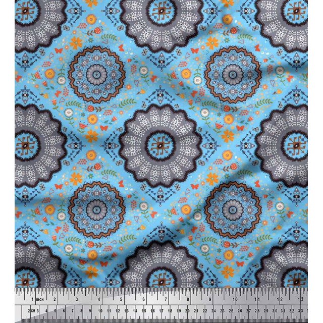 Soimoi Rayon Crepe Fabric Floral Mandala Print Fabric by Yard 46 Inch Wide