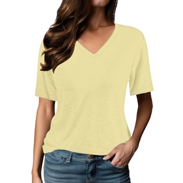Hiiyo Women's Short Sleeve V Neck T Shirt Solid Color Casual T-Shirt Tee, Yellow XXL