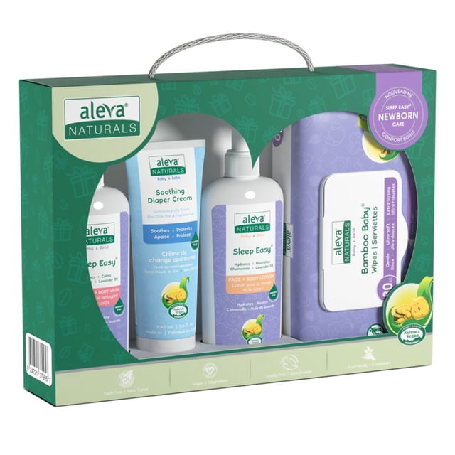Aleva Naturals Ensemble de Soins Faciles pour le Sommeil des Nouveau-Nés dans une Boîte-Cadeau Verte et Violette avec une Poignée, Contenant une Crème Apaisante pour Couches, une Lotion pour le Visage + le Corps Sleep Easy, et des Lingettes pour Bébé en Bambou. Hypoallergénique et Sans Parabènes Ni Produits Chimiques Agressifs, Formulé avec de la Camomille, de la Lavande, du Beurre de Karité et de l'Aloès pour des Soins Doux de la Peau des Nouveau-Nés et une routine pour le Coucher.