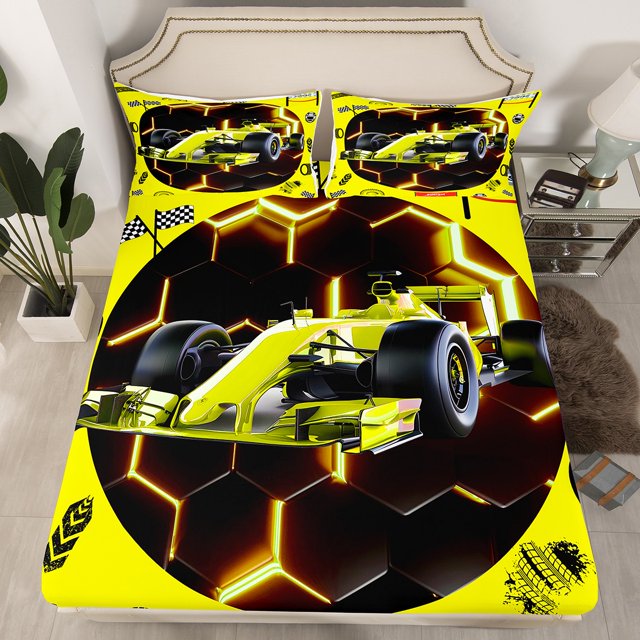 YST Yellow Race Car Fitted Sheet Queen Neon Honeycomb Racing Car Games Bed Sheets For Kids Boys Teen,Racing Helmet Wheel Checkered Flag Bedding Set Soft Breathable Bed Sheet
