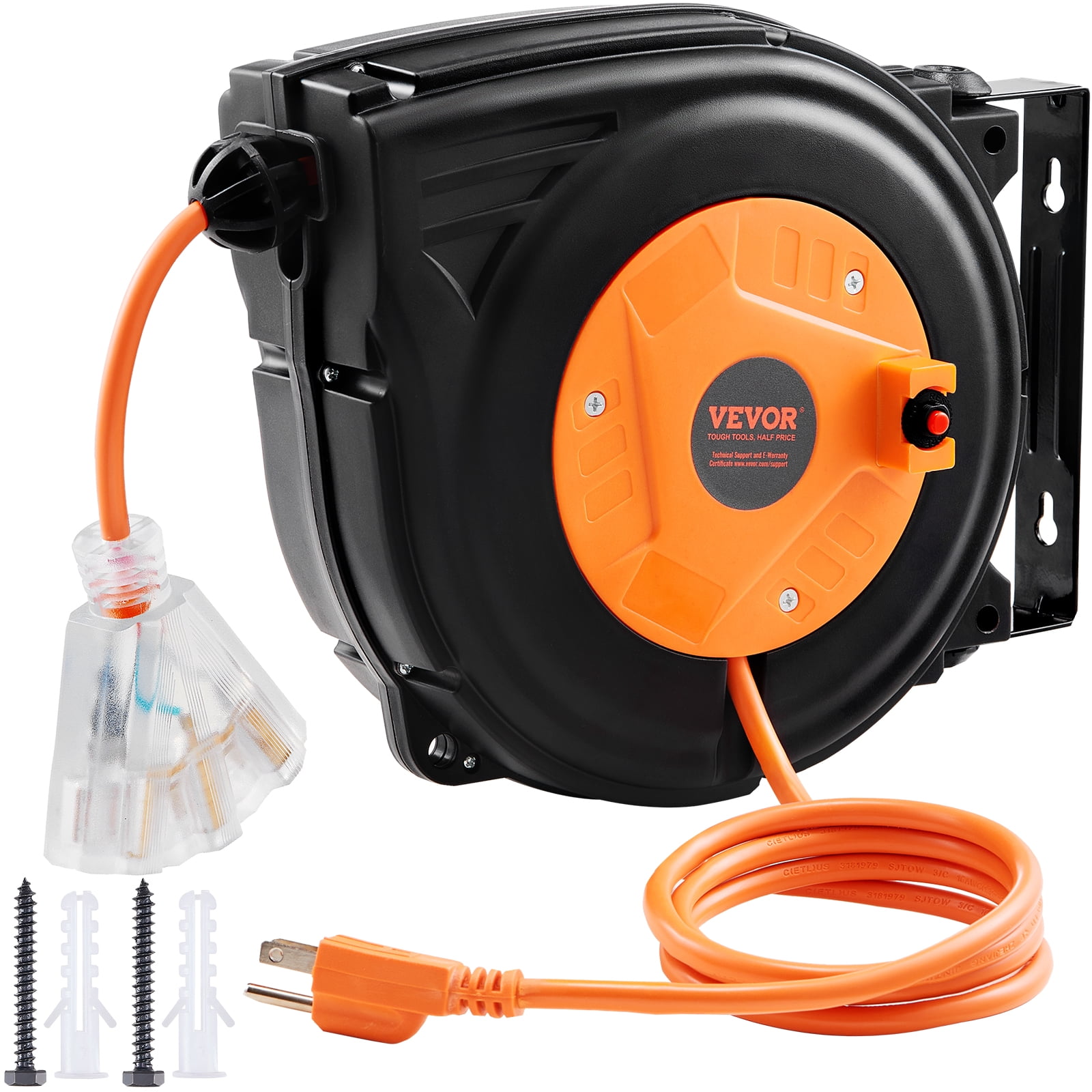 VEVOR Retractable Extension Cord Reel, 30 FT, Heavy Duty 16AWG/3C SJTOW Power Cord, with Lighted Triple Tap Outlet 10 Amp Circuit Breaker, ETL Listed