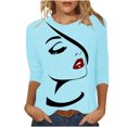 thumbnail image 1 of Penkiiy Hauts pour Femmes Mode Femmes T-shirt Imprimé Mi-Long Manches 3/4 Blouse Col Rond Hauts Décontractés Bleu Ciel Vêtements Y2K, 1 of 4