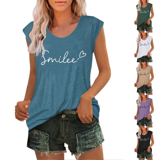 JDQJBZ Womens Summer Tank Tops Letter Print Round Neck Loose Casual Sleeveless Tee Shirt