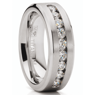 8MM Men's Titanium 1Ct. Ring Wedding Band with 9 large Channel-Set Cubic Zirconia CZ sizes 6 to 15