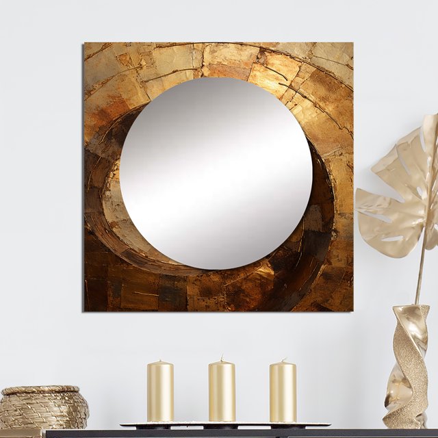Designart "Timeless Turn in Gold and Black II" abstract spirals Square Mirror For Wall Decor - Large Gold Square Printed Wall Mirror Art - Square Modern Mirror - Wall Mounted Square Large Mirror