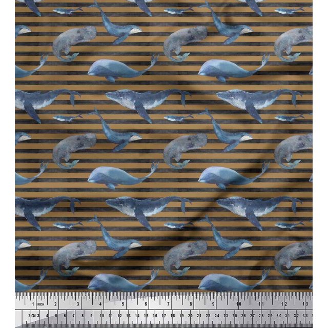 Soimoi Tissu Poly Georgette Rayures & Poisson Baleine Océan Imprimé 1 Mètre 52 Pouces de Large