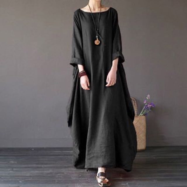 Meichang Robes Maxi pour Femmes 2025 Été Robe en Lin à Manches Longues Col Rond Robe Chemise Ample Robes Décontractées Longue avec Poches