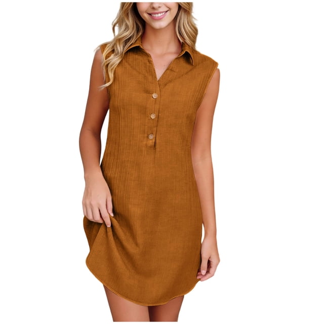 SDNall Robe Chemise Sans Manches à Col pour Grande Taille avec Poches, Mini-Robe Décontractée Unie