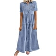 thumbnail image 2 of zanvin Robes d'Été pour Femmes, Mode Femmes Bouton Ample Uni Col en V Imitation Denim Manches Courtes Longue Robe, Cadeaux pour Fille, 2 of 6