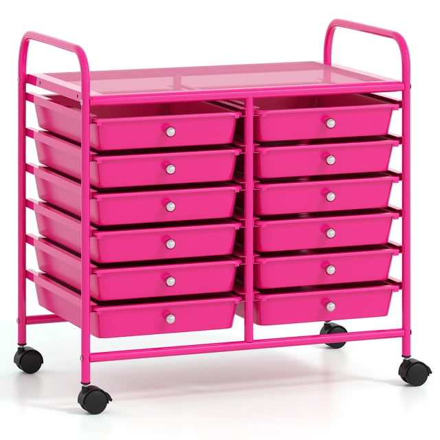 Costway Chariot Roulant à 12 Tiroirs pour Rangement de Scrapbooking et Papier, Bacs d'Atelier, Rose Vif