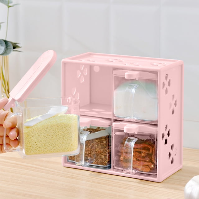 Transparent Seasoning Box, with Handle and Spoon, Storage Container Rack Set, Detachable, 4 Compartments, Food-grade Plastic, Space-saving, for Spices Seasonings