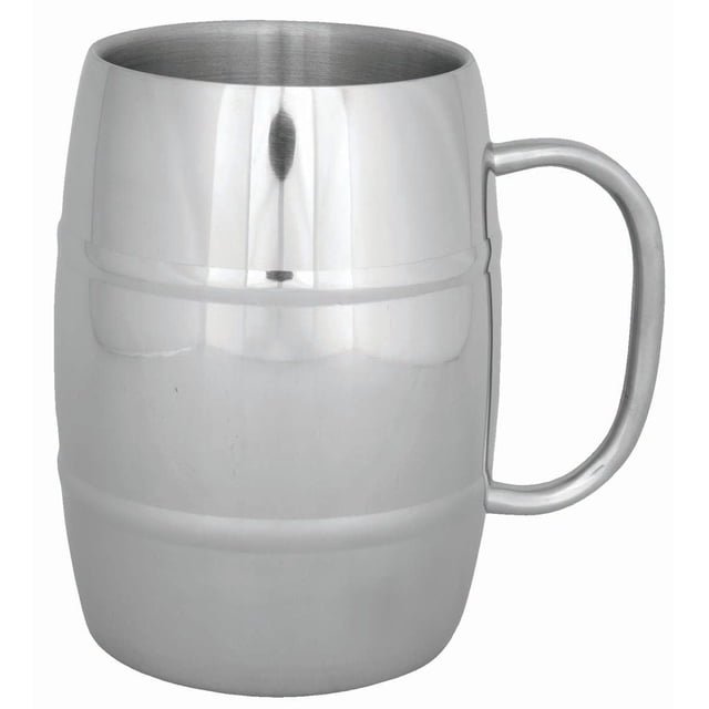 North 49 Stainless Steel Insulated Beer Mug with polished stainless steel traditional stein shape, strong handle, insulated to keep beverages hot or cold, and 500ml capacity, ideal for beer or other drinks.