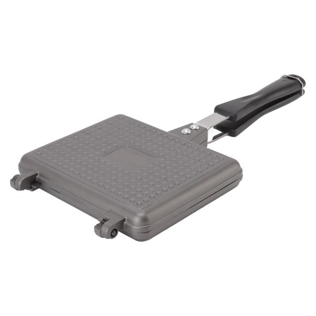 Waffle Maker, Universal Easy Operation Square Waffle Baking Mold made of cast aluminum for uniform heating. Features a square design with a textured surface and a black insulated handle for safe use. Ideal for gatherings and quick waffle preparation.
