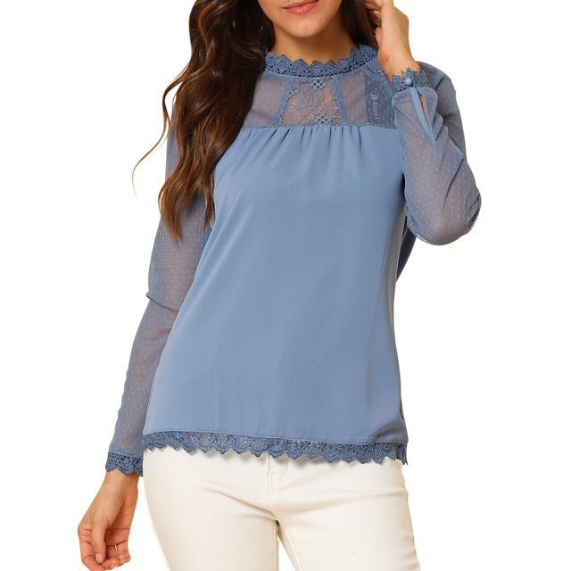 INSPIRE CHIC Blouses Décontractées pour Femmes à Col Rond en Dentelle Florale à Manches Longues en Chiffon
