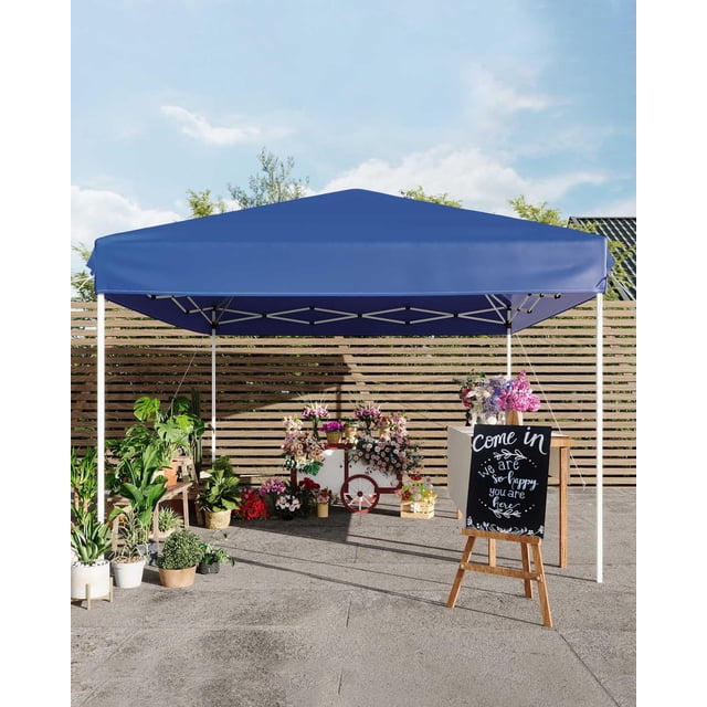 Abri à Auvent Escamotable Robuste 10 X 10 Pi - Abri Pare-Soleil Extérieur, 3 Hauteurs Réglables, 1 Paroi Latérale, 4 Sacs de Sable, Piquets, Cordes, Sac de Transport à Roulettes, Installation Facile pour le Camping, les Fêtes, les Événements - Bleu