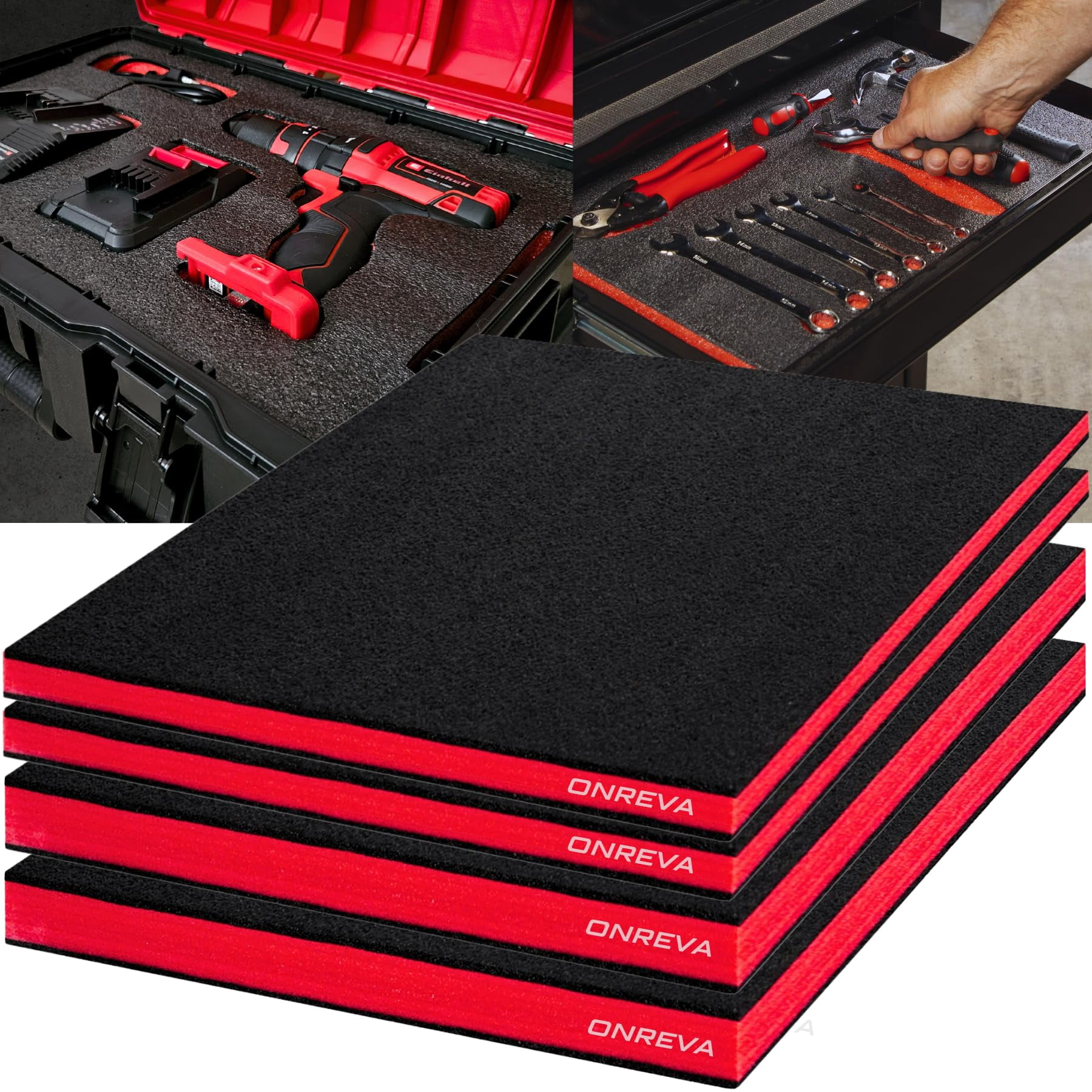 ONREVA Tool Box Foam 4Pack 2pc 18x12x2in & 2pc 18x12x1in, Foam Inserts for Cases, Polyethylene Storage Sheets for Toolbox Hard Case, Tool Shadow Insert, Kaizen Organizer