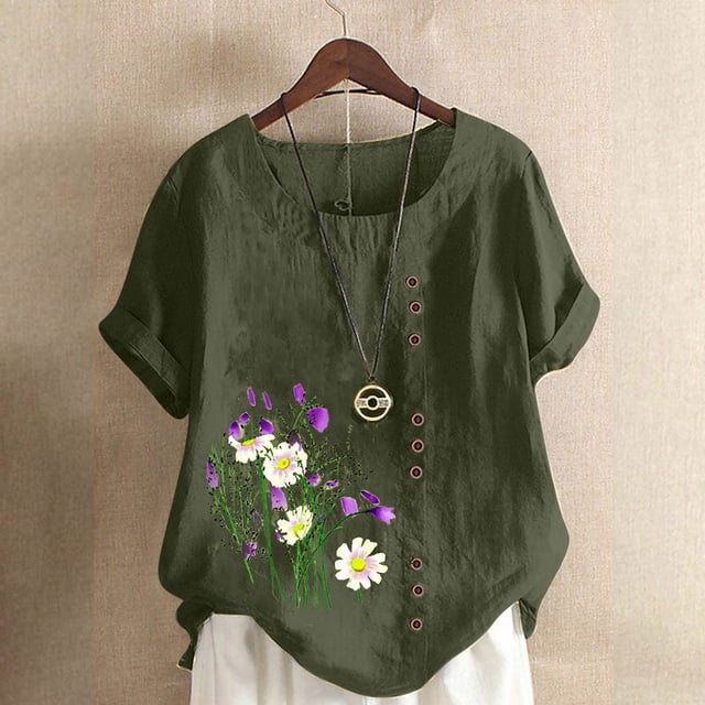 EQWLJWE Hauts pour Femmes Décontractés Chics d'Été à Col Rond Manches Courtes Imprimé Floral Chemise Ample Grande Taille pour Femmes